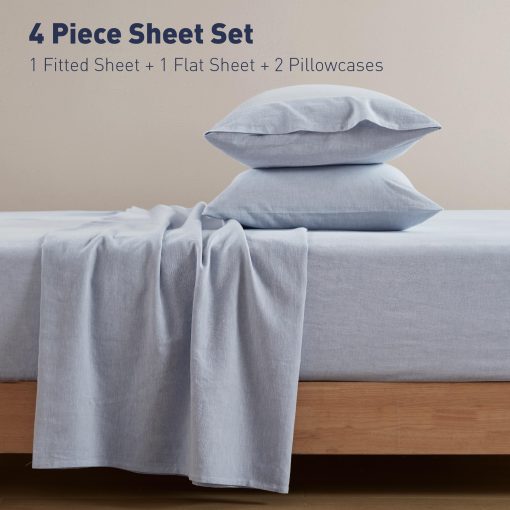 Juego de sabanas de lino organico Hyde Lane - 4 piezas Sabanas de lino de algodon tamano Queen, Mezcla de algodon de lino frances natural para todas las estaciones - Suave y transpirable, bolsillo profundo de 15" (Queen, Azul) - Imagen 6