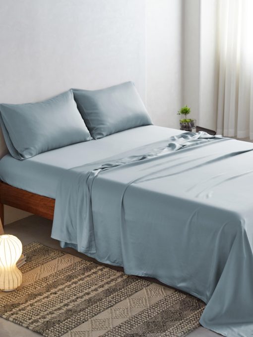 Juego de sabanas para cama Orray Queen, sabanas de lujo, 100% viscosa derivada del bambu, suaves, comodas, refrescantes, transpirables, juego de 4 piezas (Azul Niebla)