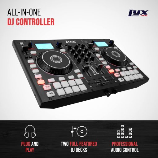 Controlador de DJ portatil de 2 decks LyxJam con pantalla LCD | Looping manual, USB, entrada de MIC, salida de grabacion, 16 pads de actuacion con software Virtual DJ LE incluido (descarga) - Imagen 2