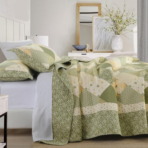 Colcha de cama extragrande KALOOLA 120x120, 100% algodon, colchas king size con estampado floral, ligera colcha reversible con fundas de almohada, 3 piezas, verde - Imagen 3