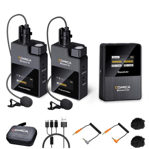 Sistema de Microfono Inalambrico Comica BoomX-D2 para Camaras, Videocamaras, Telefonos Inteligentes, Portatiles, Microfono Lavalier Inalambrico Compacto con Grabacion de Doble Canal, Reduccion de Ruido, Baja Latencia