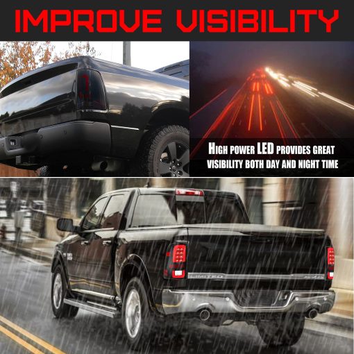 Ensamblaje de luces traseras LED Compatible para Dodge Ram 2009 1500, Ram 1500 2500 3500 2010-2018 Luces traseras de freno humeante negras, lamparas traseras, lado del pasajero y del conductor (solo compatible con el modelo estandar de luces traseras no LED) - Imagen 4
