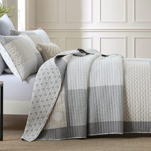 Juego de Colcha KALOOLA Tamano King, Colcha de Verano Acolchada 100% Algodon, Gris Luna Floral Patchwork Juego de Cama King, Colcha Reversible Estilo Granja para Todas las Estaciones, 3 Piezas - Imagen 7