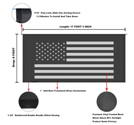 Toldo de sombra para caravana Tentproinc 8' X 17' 3'' (Bandera Americana) Malla Negra Protector Solar para Toldo de Remolque de Caravana Bloqueador de UV Kits Completos - Imagen 6