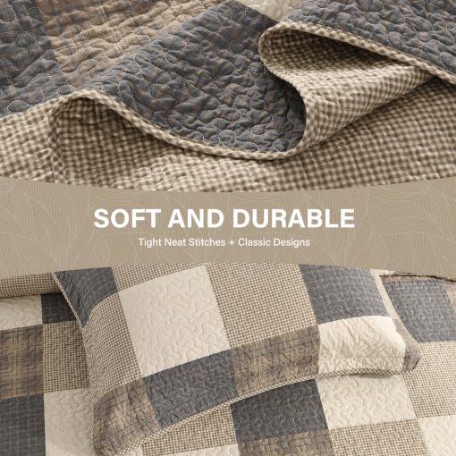 SahSahCasa 120"x102" Juego de Colcha de Cama Queen 100% Algodon Oversized, Colcha Queen Extra Grande, Colcha Ligera para Cama, 3 piezas, Carbon/Beige/Marron - Imagen 5