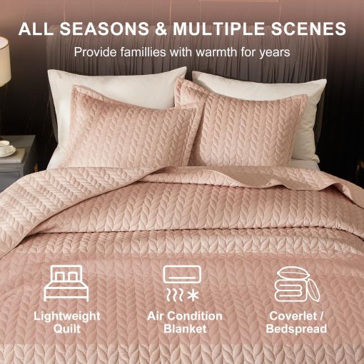 Edredon de Terciopelo Ivellow King Size, Rosa Colcha Ligera Completa Suave Reversible para Todas las Estaciones, Juego de Cama de Lujo de 3 Piezas de Terciopelo con Microfibra Cepillada con Cubierta Acolchada Bordada de Hojas - Imagen 6