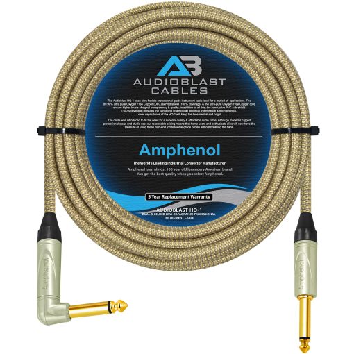 Cable de Instrumento para Guitarra Bajo Audioblast HQ-1-BRAID (Tan + Beige) 20 Pies - Flexible y Blindado con Enchufes TS Dorados en angulo Recto y Recto Amphenol Q-Series