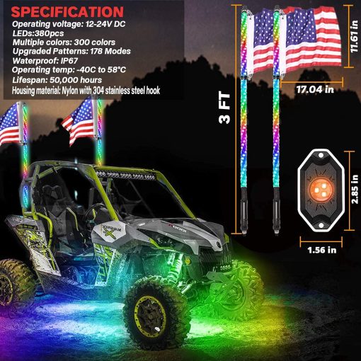 Paquete de 2 luces LED de latigo de 3 pies y luces de roca de 3? generacion con Bluetooth y control remoto 360° Spiral Chase RGB 8 Pods Luz de neon Luces de advertencia offroad Luces de antena iluminadas con LED - Imagen 5