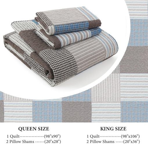 Juego de Edredon a Cuadros Uniclinens Tamaño King, Set de Edredon de Patchwork de Algodon 100%, Edredon Ligero Reversible de Granja, Conjunto de 3 Piezas con 2 Fundas de Almohada, Azul/Marron/Blanco - Imagen 6