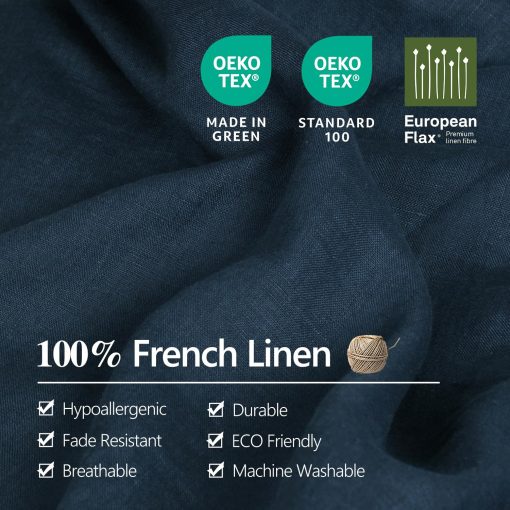 Juego de sabanas de lino frances natural organico al 100%, certificado GOTS, lujoso y suave lavado de piedra, 3 piezas de sabanas para cama (Azul Marino, Individual) - Imagen 5