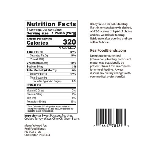 Real Food Blends - Pavo, Camotes y Duraznos - Comidas para Personas con Tubos de Alimentacion - Bolsa de 9.4 Oz (Paquete de 12) - Imagen 3