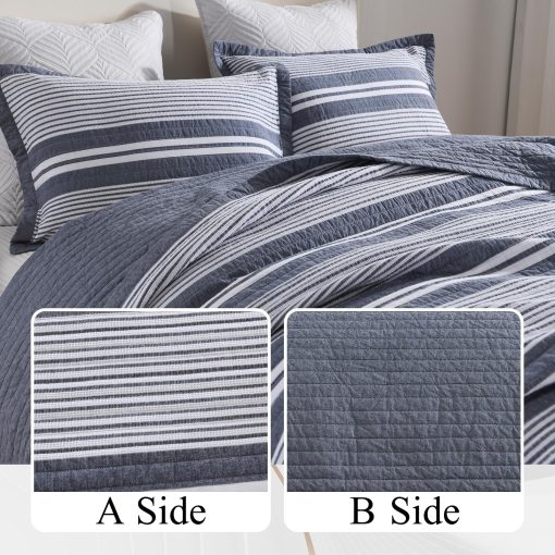 Juego de colcha de 100% algodon tamaño King, Juego de colcha King Bedding, Colcha de textura de gofre para cama King, Colcha reversible a rayas para cama ligera, 3 piezas, gris pizarra - Imagen 7