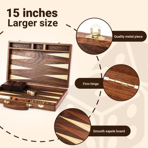 Juego de tablero de backgammon de madera de sapele Ropoda (15 pulgadas) para adultos y ninos - Juego de estrategia de tablero clasico - Juego de backgammon portatil y de viaje con piezas de juego de madera y accesorios - Imagen 5