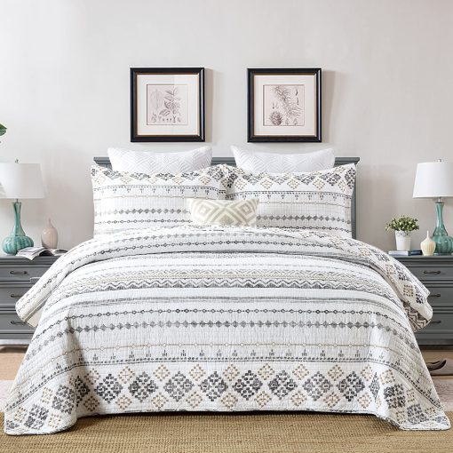 Juego de Edredon SahSahCasa King Size, 100% Algodon, Edredon Boho, Set de Ropa de Cama, Colchas Bohemias Reversibles, Ligero, Rayas, White/Grey, 3 Piezas