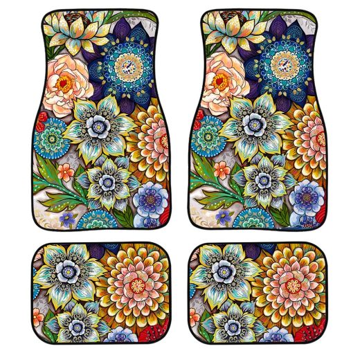 TOADDMOS Tapetes de Piso para Automovil con Estampado Floral Boho, Juego de Alfombrillas Delanteras y Traseras, Ajuste Universal, Conjunto de 4 para Mujeres Ninas