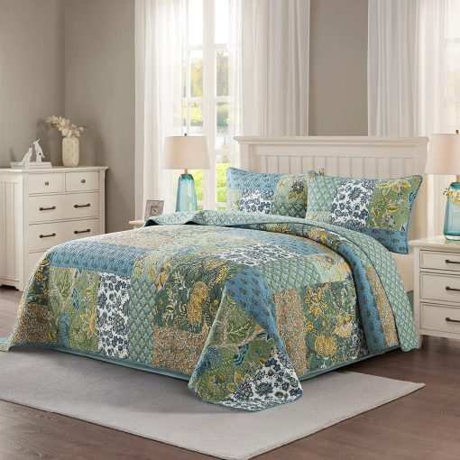 Colcha de Patchwork de Algodon NEWLAKE, Juego de Colcha de 3 Piezas con Bordado Real Cosido a Mano, Juego de Cubrecamas Matelasse Reversible, Verde Jardin de Granja, Tamano King - Imagen 6