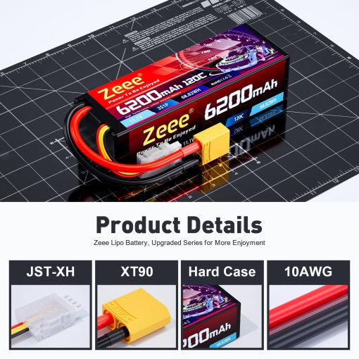 Bateria Lipo Zeee 3S 6200mAh 11.1V 120C Estuche Duro con Conector XT90 para Vehiculos a Escala 1/8 1/10 RC Coche Tanques Camiones Modelos de Carreras (2 Pack) - Imagen 3