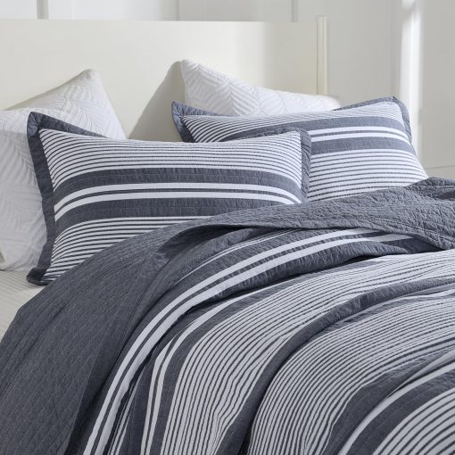 Colcha de cama extra grande king size Finlonte 100% algodon 120"x120", juego de colcha extra grande acolchado para cama California King, set de colcha moderna de rayas XL, edredon ligero azul piedra/blanco, 3 piezas - Imagen 7