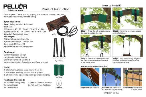 Columpio de Madera, Asiento de Columpio para arbol, PELLOR Asiento de Columpio Colgante Carbonizado para Adultos, Ninos y Ninas con Cuerda Ajustable mas Correas para arboles, 200kg de Carga para Interior, Exterior, Jardin - Imagen 6