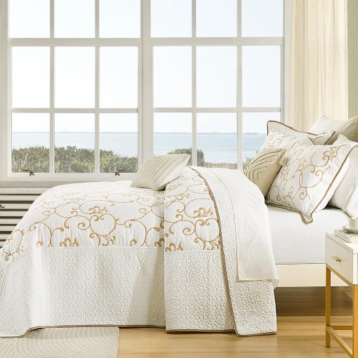 SahSahCasa 100% Algodon 128"x120" Colcha Edredon Juego de Cobertor California King XL, Colcha Cal King XL Grande Acolchada, Colcha de Cama Bordada Ligera, Beige/Blanco - Imagen 3