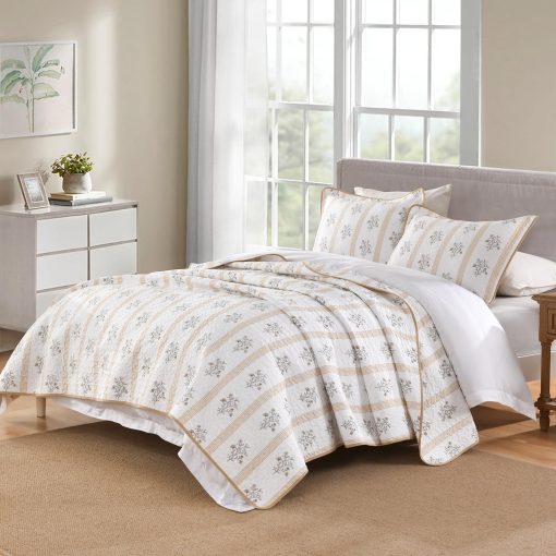 Edredon Queen CozyStitch, Edredon de Algodon 100%, Juego de Conforter Queen Moderno Estilo Granja, Colcha Blanca/Beige Acolchada, Juego de Ropa de Cama Reversible Ligero Floral Todo Temporada, 3 Piezas - Imagen 2