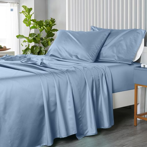 Juego de sabanas 100% algodon azul solido de 600 hilos con bolsillo extra profundo de 4 piezas para cama California King de Royal Hotel Bedding