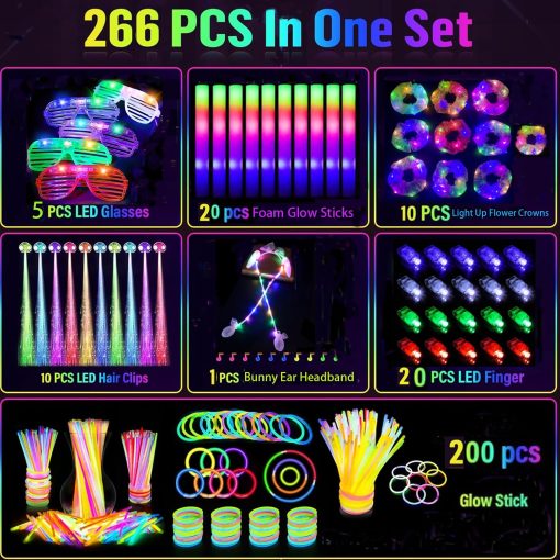 266 PCS Suministros de Fiesta que Brillan en la Oscuridad, 20 Palos de Espuma Luminosos, 10 Pinzas para el Cabello con LED, 5 Lentes con LED, 10 Coronas de Flores con Luces, 20 Dediles Luminosos, 1 Diadema de Orejas de Conejo, 200 Palos de Luz para Fiesta de Adultos que Brillan en la Oscuridad - Imagen 2