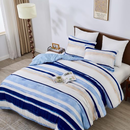 Juego de ropa de cama de lujo Finlonte King - Edredon Queen de Lyocell algodon, edredon acolchado a rayas acuarela, edredon azul moderno para todas las estaciones, 3 piezas, 104"x90" - Imagen 3