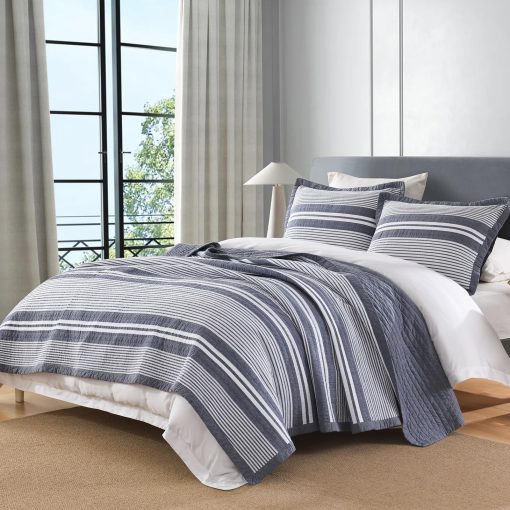 Juego de colcha de 100% algodon tamaño King, Juego de colcha King Bedding, Colcha de textura de gofre para cama King, Colcha reversible a rayas para cama ligera, 3 piezas, gris pizarra - Imagen 3