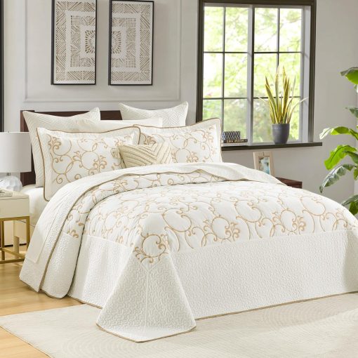 SahSahCasa 100% Algodon 128"x120" Colcha Edredon Juego de Cobertor California King XL, Colcha Cal King XL Grande Acolchada, Colcha de Cama Bordada Ligera, Beige/Blanco - Imagen 2