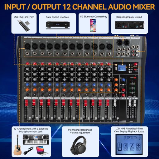 Mesa Mezcladora de Audio de 12 Canales, Consola con Bluetooth USB, Mezcladora DJ para Grabacion de PC Controlador de Sonido Interfaz de Audio con Alimentacion Phantom de 48V, Conector de Microfono XLR, Entrada/Salida RCA (12 Canales) - Imagen 3