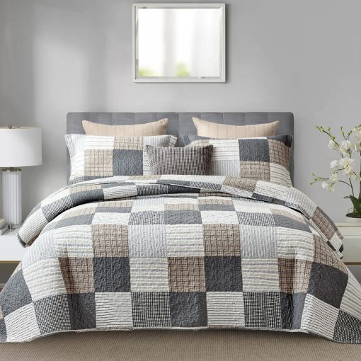 Juego de Edredon Queen Size de Cuadros de Finlonte - 100% Algodon, Colcha acolchada estilo country y farmhouse, Juego de Ropa de Cama Reversible Ligero, Gris Marron Negro Blanco, Colchon de Cama para Todas las Estaciones 3 Piezas
