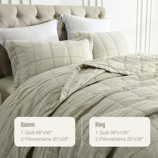 Colcha de lino King FineStichery, Colcha acolchada de caja para cama suave, Juego de ropa de cama de lino de lino de lino de 3 piezas, Edredon ligero de relleno de algodon para todas las estaciones con 2 fundas a juego - Imagen 6