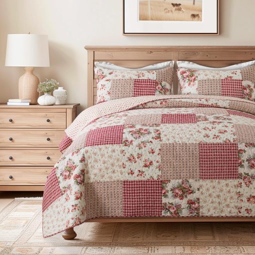 Juego de Colcha de Patchwork de Algodon SLPR Country Roses - Tamaño Queen con 2 Fundas de Almohada, Ropa de Cama Floral de Estilo Frances, Colcha de Granja Roja Acolchada con Patron de Flores