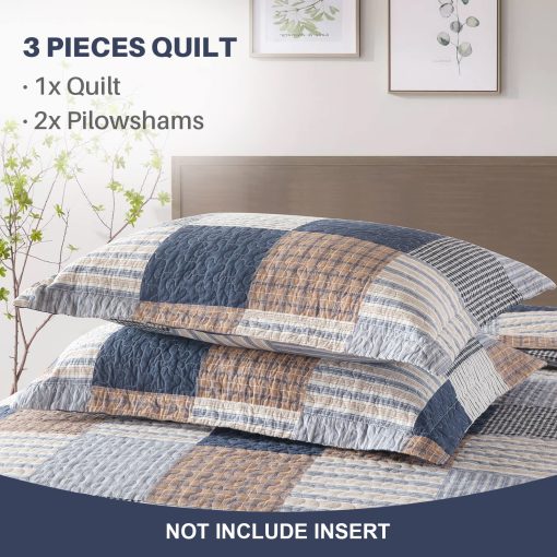 Juego de Edredon Queen Y-PLWOMEN, Edredon Queen de Algodon 100%, Edredon de Cuadros Queen Navy Brown White, Edredon Reversible Suave Queen Tamaño para Todas las Estaciones, 3 Piezas - Imagen 5