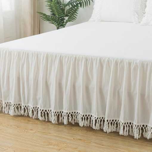 Falda de Cama Suave Cal King Blanco Volantes Borlas Boho Ropa de Cama Bohemia para Ninas 100% Algodon Lavado 1 Falda de Cama + 2 Fundas de Almohada - Imagen 9