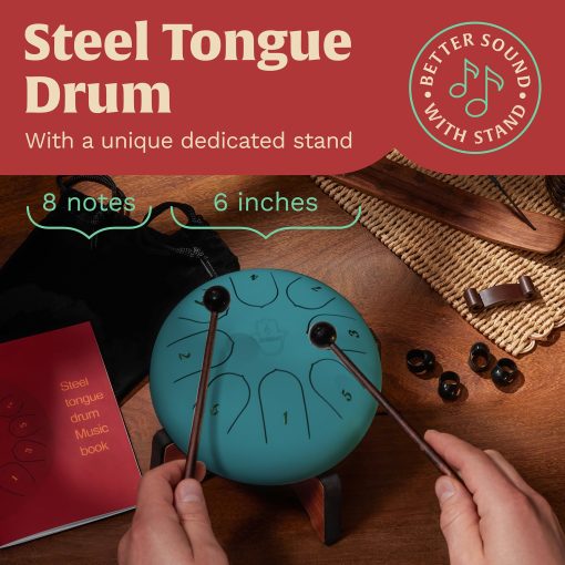 ZERBEAT Steel Tongue Drum 6 Pulgadas, 8 Notas Tambor de Acero + Soporte unico, Baquetas, Puas de Dedo, Bolsa, Amigable para Principiantes y Adultos | Instrumentos Musicales Espirituales. (Azul Lago - con soporte) - Imagen 2