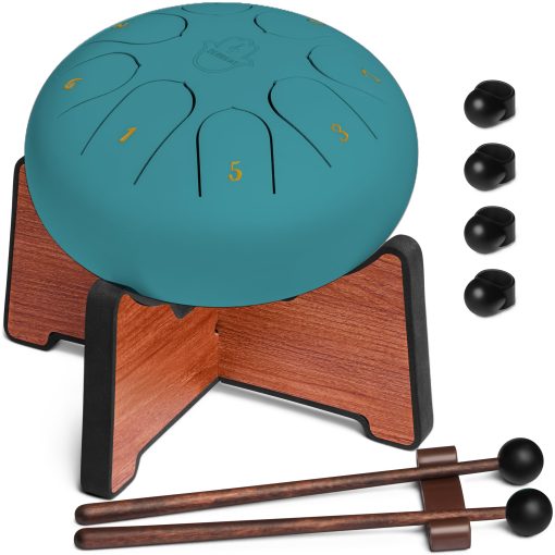 ZERBEAT Steel Tongue Drum 6 Pulgadas, 8 Notas Tambor de Acero + Soporte unico, Baquetas, Puas de Dedo, Bolsa, Amigable para Principiantes y Adultos | Instrumentos Musicales Espirituales. (Azul Lago - con soporte)