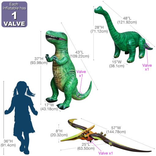 Jet Creations Paquete de 3 Dinosaurios Inflables T-Rex Brachiosaurus Pteranodon para Decoracion de Fiesta en la Piscina, Decoracion de Cumpleanos de Halloween Tamano 37" - Imagen 2