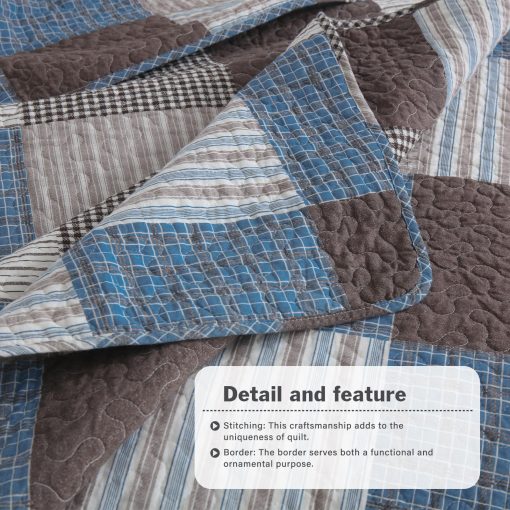 Colcha de cuadros para cama Queen Size Y-PLWOMEN - 100% algodon, colcha de algodon ligera y transpirable con 2 fundas de almohada, juego de ropa de cama, azul marron, Queen (90 * 98 pulgadas) - Imagen 6