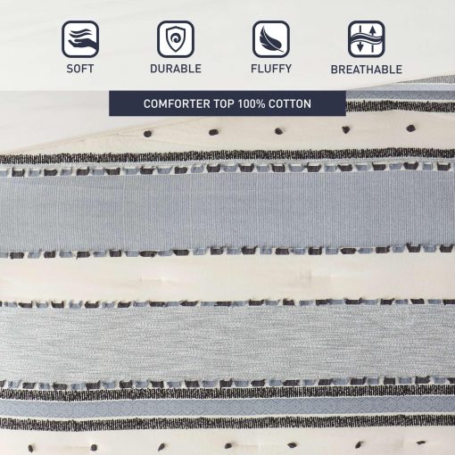 Juego de edredon Hyde Lane Boho Blue King - Conjunto de ropa de cama moderna de granja, tapizado con algodon y rayas jacquard en tonos neutros de estilo rustico recortado, 3 piezas que incluyen fundas de almohada a juego (104x90 pulgadas) - Imagen 7
