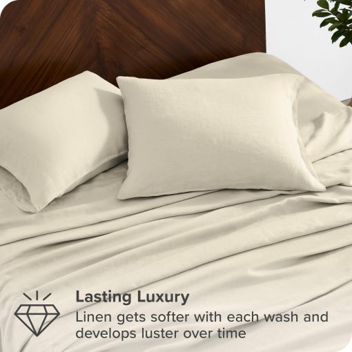 Juego de sabanas Twin Extra Largas de Bare Home - Juego de sabanas de cama Twin XL de lujo 100% lino - Bolsillos profundos - Ajuste facil - 3 piezas - Sabanas de cama y fundas de almohada (Twin XL, Natural) - Imagen 3