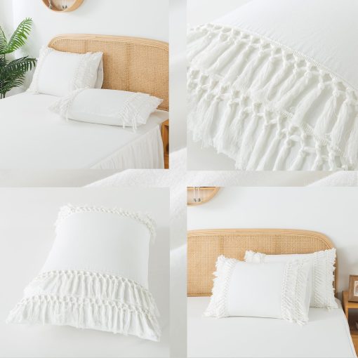Falda de Cama Suave Cal King Blanco Volantes Borlas Boho Ropa de Cama Bohemia para Ninas 100% Algodon Lavado 1 Falda de Cama + 2 Fundas de Almohada - Imagen 4