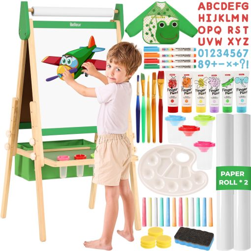 Caballete Belleur Todo en Uno para Niños con 2 Rollos de Papel y Accesorios de Lujo, Pizarra Blanca y Pizarra de Tiza Magnetica Ajustable de Doble Cara, Caballete de Pintura para Niños de 2 a 8 Años, Ideal