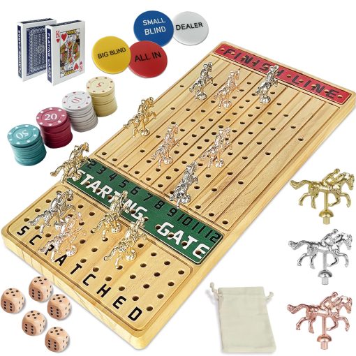 Juego de Mesa de Carreras de Caballos 3 en 1 y Juegos de Casino Texas Holdem Blackjack con 14 Caballos de Metal, 100 Fichas, 2 Barajas de Cartas, Botones de Dealer y Ciega, y 5 Dados para Fiestas y Apuestas