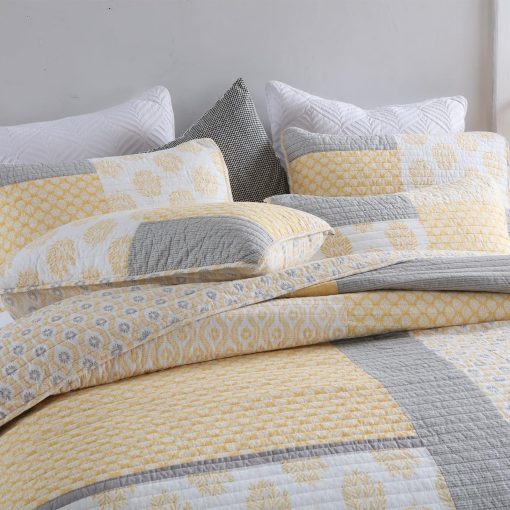 Colcha King Size Finlonte, 100% Algodon Colcha King Size, Colcha Acolchada Amarilla Gris para Cama King, Ligera y Reversible Juego de Ropa de Cama de 3 Piezas - Imagen 6