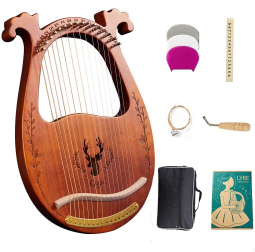 Arpa de Lira de 16 Cuerdas de Madera Maciza de Caoba con Llave de Afinacion, Pua, Cuerdas, Bolsa Negra y Manual de Instrucciones para Amantes de Instrumentos Principiantes (color cafe)