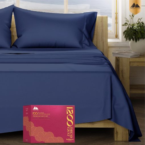 Juego de sabanas Queen Size 100% algodon egipcio Mayfair Linen - 1200 hilos 4 PC Juego de sabanas Queen Size de algodon egipcio, sabana de lujo de algodon egipcio, sabanas de alto hilo, bolsillo profundo de 16" - Azul Marino
