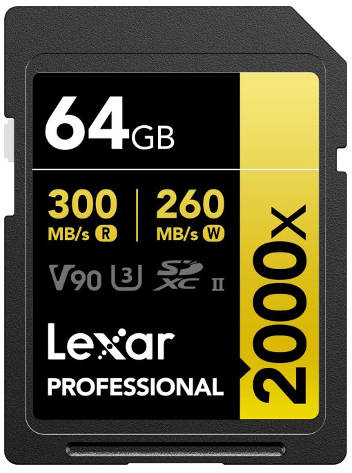 Tarjeta de Memoria SDXC Lexar 64GB Professional 2000x, UHS-II, C10, U3, V90, Video Full-HD y 8K, Hasta 300MB/s de Lectura, para Camaras DSLR y Video de Calidad Cinematografica (LSD2000064G-BNNNU)
