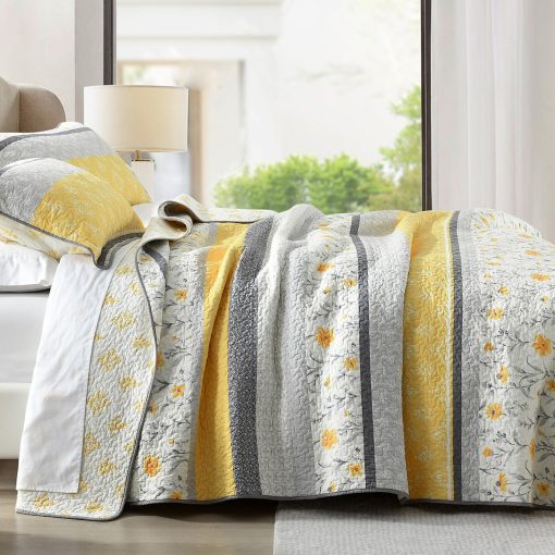 Juego de Edredon de Algodon 100% PANGUSHAN para Cama Queen, Juego de Edredon de Tamano Queen, Edredon Reversible Floral de Estilo Granja en Amarillo, Cubrecama Acolchado Ligero para Cama Queen, 3 Piezas, Amarillo/Gris/Blanco